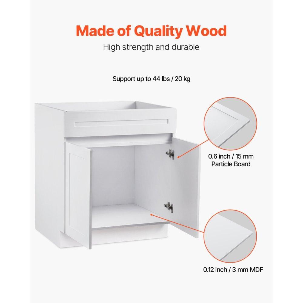 White Shaker Base Cabinet – 30" W x 24" D x 34.5" H, Ready to Assemble Kitchen Cabinet