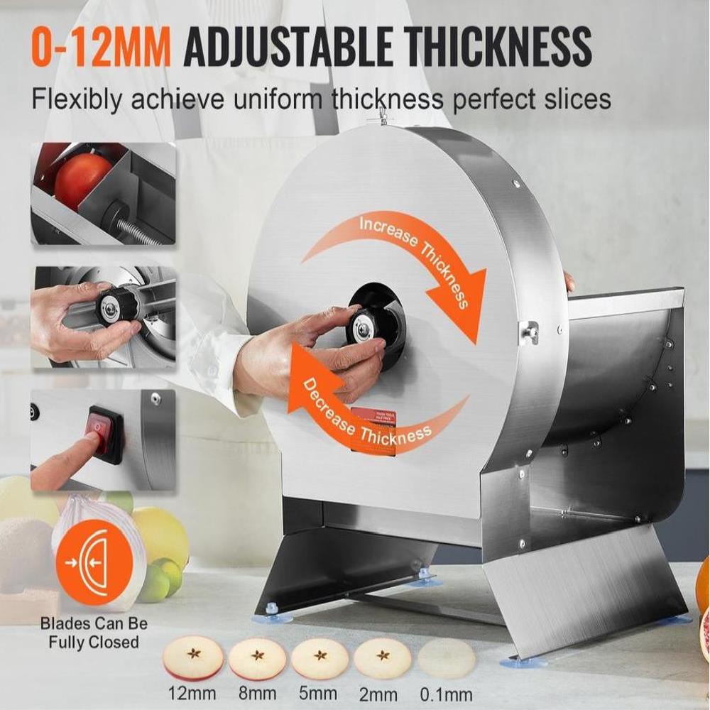 Electric Vegetable Slicer, 0-0.5"/0-12mm Thickness Adjustable Commercial Slicer Machine, Convertible to Manual, Stainless Steel Food Cutter Slicing Machine, Large Feed Port for Potato, Tomato