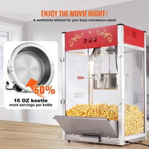 Popcorn Maker, 1615W Popcorn Popper Machine, 16 Oz Kettle Large Capacity Countertop Popcorn Maker with Tempered Glass, Includes 3 Stainless Steel Scoops, Movie Theater Style, Red