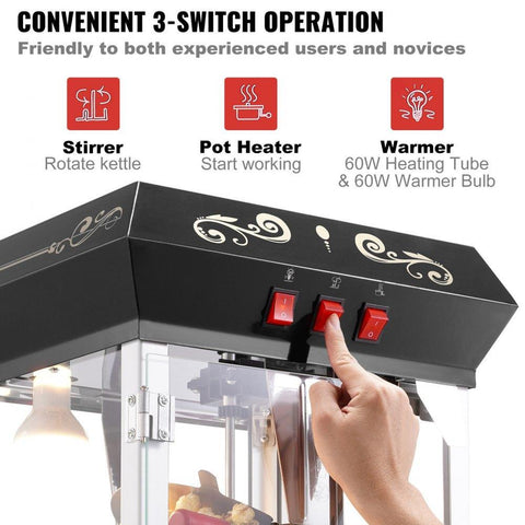 Popcorn Maker, 850W Popcorn Popper Machine, 8 Oz Kettle Makes 48 Cups per Batch, Countertop Popcorn Maker with Tempered Glass, Includes 4 Scoops, Movie Theater Style, Black