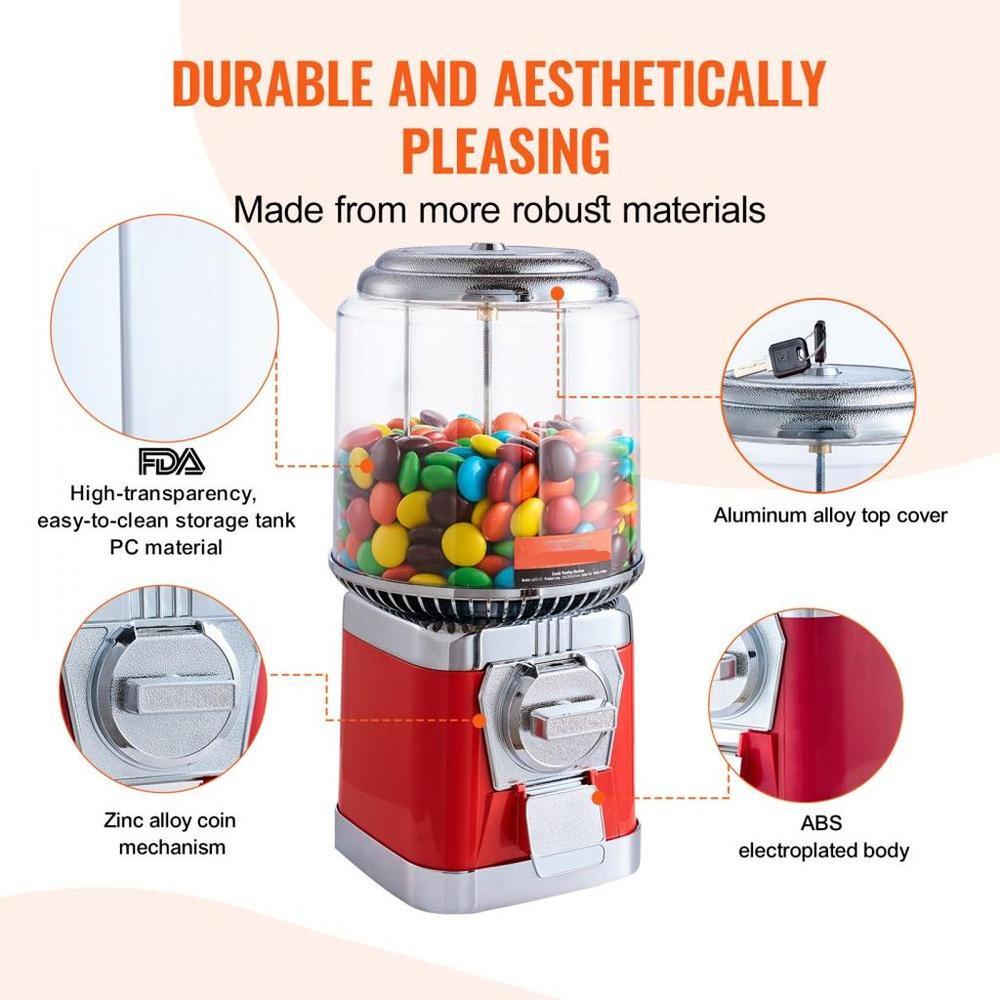 Gumball Machine for Kids, 16"H Home Candy Vending Machine, PC Round Gumball Dispenser, Bubble Gum Machine for Game Stores, Coin Operated Gumball Bank for Toy Capsules Bouncy Balls Candy, Red