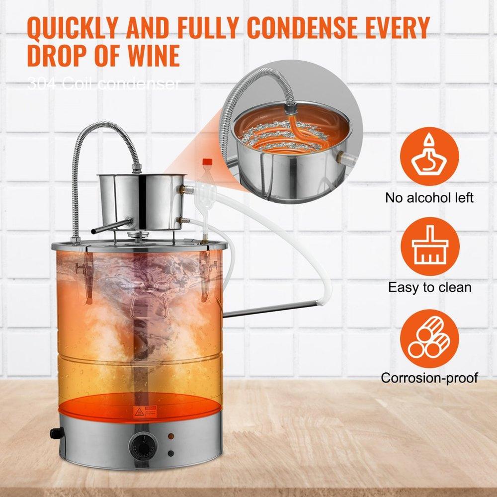 Alcohol Still, 9 Gal 30L Water Alcohol Distiller, Home Distillery Kit include Stainless Steel Tube & Pump & One-way Exhaust Valve & Thermometer (30-120℃ ) for DIY Whisky Wine Brandy, Silver