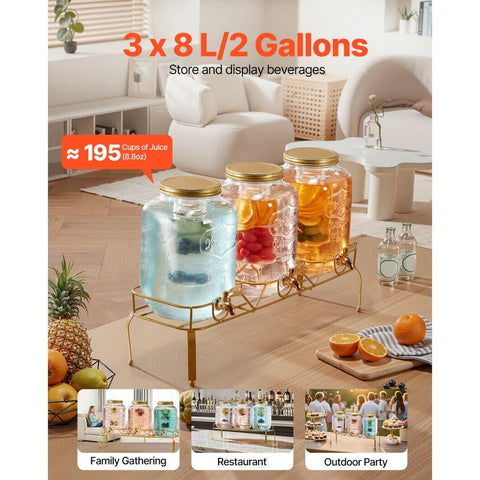 Beverage Dispenser, 3 Pack 2 Gallon Drink Dispensers for Parties, Glass Juice Dispenser with Metal Stand, Stainless Steel Spigot, Infuser, Iced Tea Lemonade Juice Water Dispensers for Parties