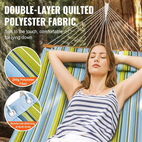 Double Quilted Fabric Hammock with Hardwood Spreader Bar Detachable Pillow