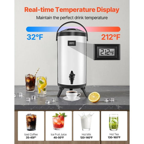 Insulated Beverage Dispenser, 2.4 Gal/9.2L Stainless Steel Thermal Drink Server with Spigot & Temp Display, Suitable for Hot and Cold Drinks, for Tea Coffee Water in Cafes & Restaurants, Silver