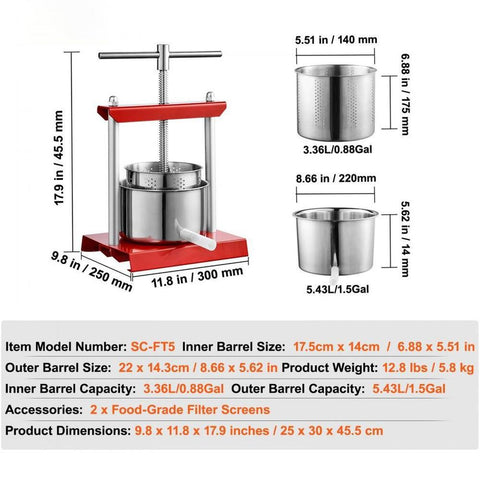 Fruit Wine Press, 1.6 Gallon/6L, 2 Stainless Steel Barrels, Manual Juice Maker, Cider Apple Grape Tincture Vegetables Honey Olive Oil Making Press with T-Handle for Outdoor, Kitchen, and Home