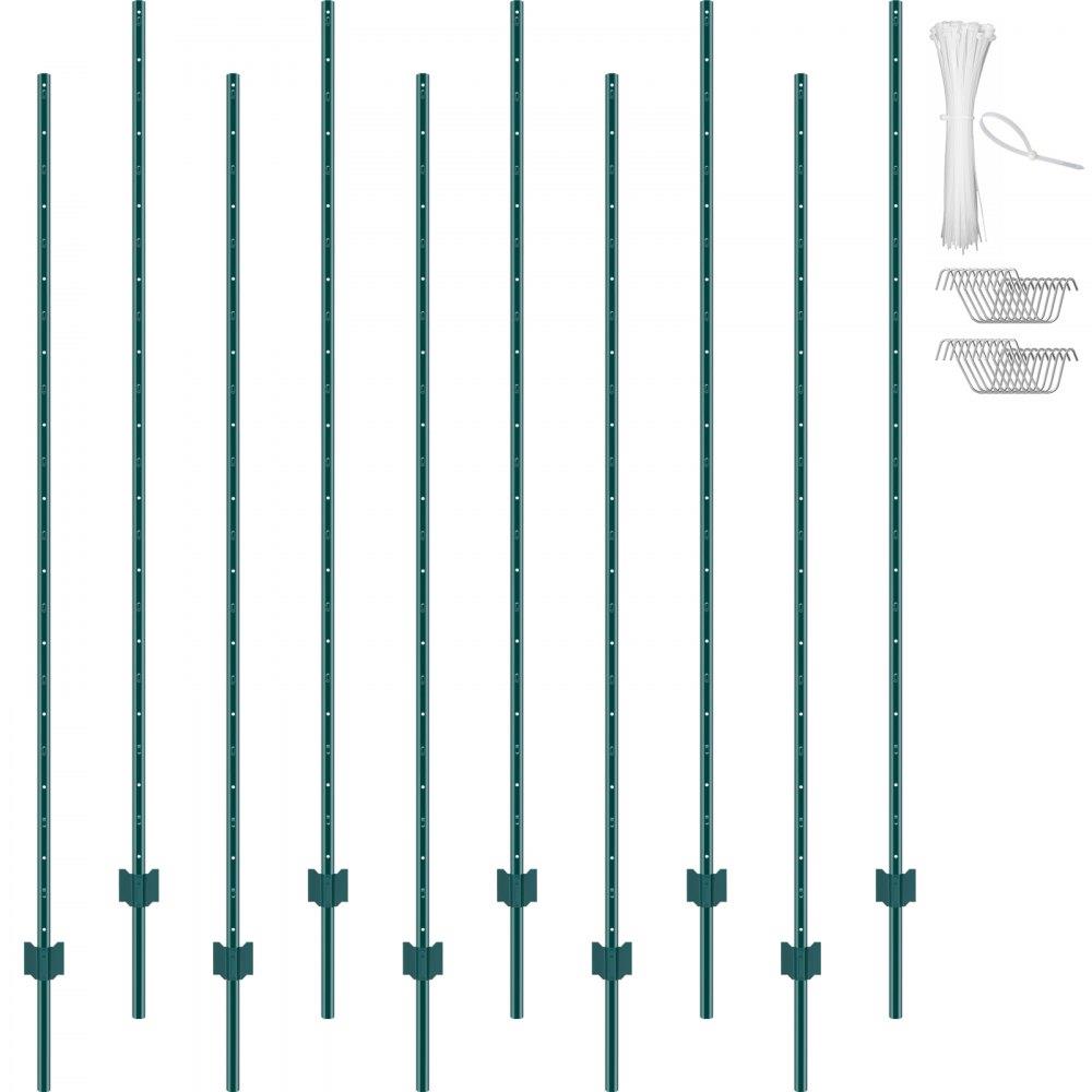 7 Feet Fence Post, 10 Pack U-Channel Heavy Duty Metal Fence Posts, Sturdy Steel Fence Stakes for Garden Yard, Lawn, Farms and Outdoor Wire Fencing, Green