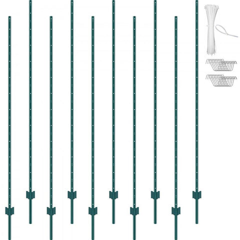 7 Feet Fence Post, 10 Pack U-Channel Heavy Duty Metal Fence Posts, Sturdy Steel Fence Stakes for Garden Yard, Lawn, Farms and Outdoor Wire Fencing, Green