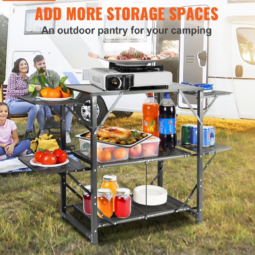 Camping Kitchen Table, One-piece Folding Portable Cook Station with A Carrying Bag, Aluminum Camping Table 4 Iron Side Tables & 2 Shelves, Ideal for Outdoor Picnics, BBQs, Camping, RV Traveling