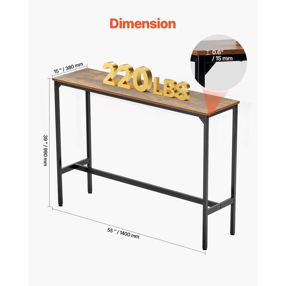 Bar Table, Sturdy Metal Frame High Top Pub Table, Narrow Long Kitchen Dining, Cocktail Counter Bar Height Desk, Easy to Assemble, 55x15x39 in, for Living Room Party, Rustic Brown and Black