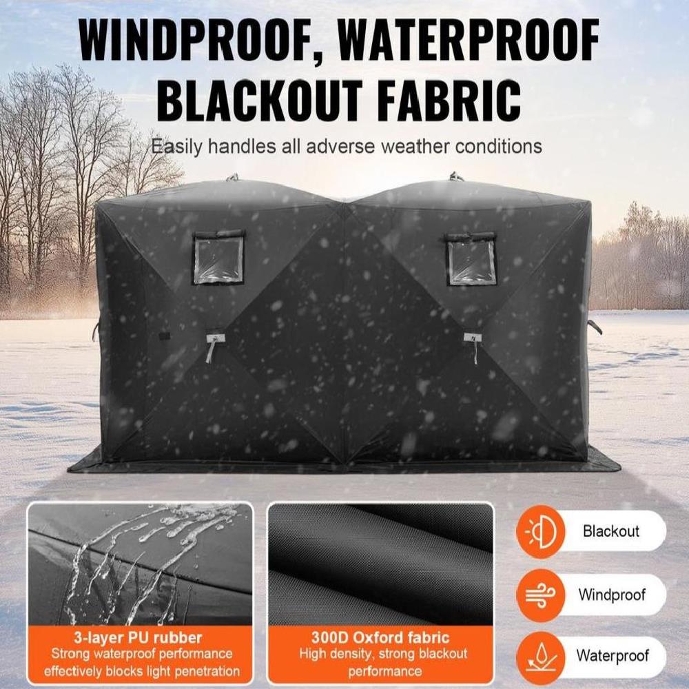 Portable Ice Shelter, 6-8 Person Pop-Up Ice Fishing Tent, 70 Square Feet Fishable Area, Ice Shanty for Winter Fishing, Waterproof Oxford Ice Cube with Anchors/Ropes/Carrying Bag, 142"x71" Black