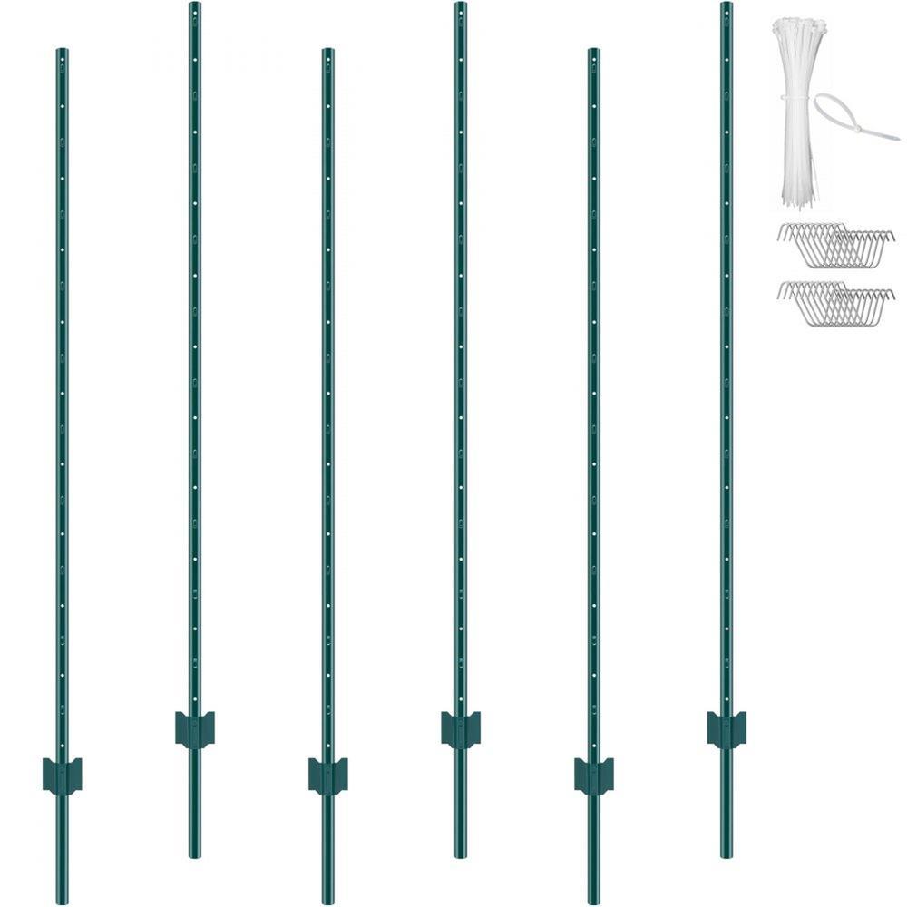 6 Feet Fence Post, 6 Pack U-Channel Heavy Duty Metal Fence Posts, Sturdy Steel Fence Stakes for Garden Yard, Lawn, Farms and Outdoor Wire Fencing, Green