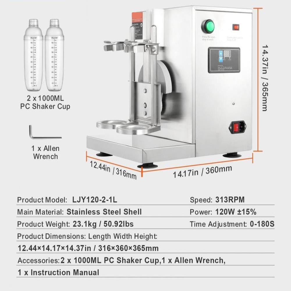Milkshake Maker Machine, 120W Commercial Milk Tea Shaker Machine, Double Head Milk Shake Mixer Machine, 0-180s Adjustable Milkshake Blender, with 1 L PC Cup, for Milk Tea Store