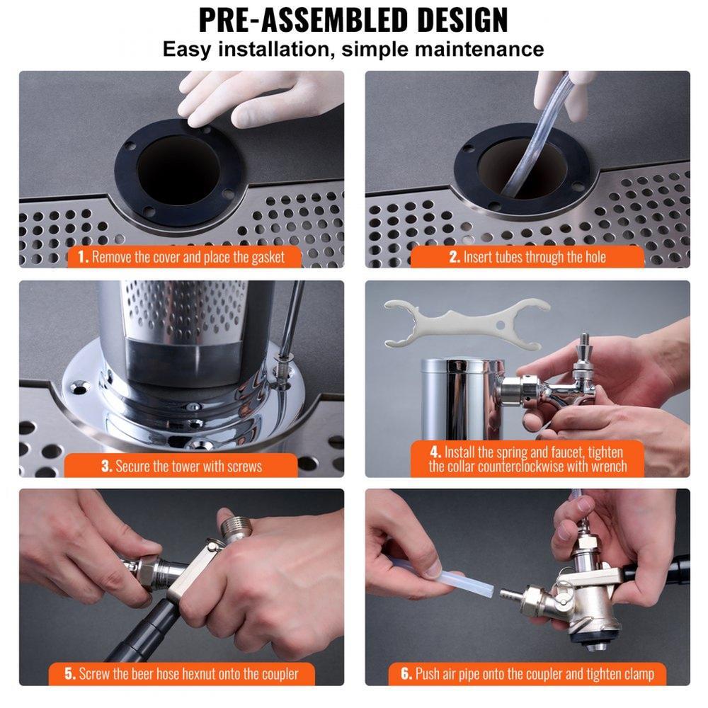 Kegerator Tower Kit, Single Tap Beer Conversion Kit, Stainless Steel Keg Beer Tower Dispenser with Dual Gauge CGA320 Regulator & D-System Keg Coupler, Beer Drip Tray for Party Home
