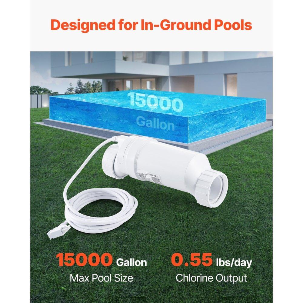 Salt Water Chlorinator System Pool Cell Compatible with Hayward W3T Cell 3 for Inground Swimming Pools up to 15000 Gallons with 15 ft Power Line White