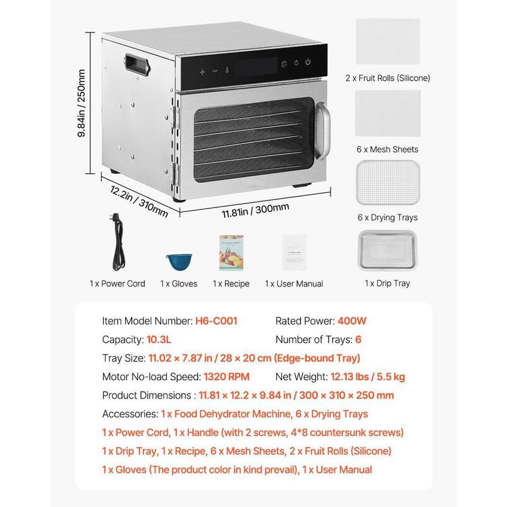 Food Dehydrator Machine, 6 Stainless Steel Trays, 400W Electric Food Dryer with Adjustable Temperature & 24-Hour Timer, Freeze Dryer for Jerky, Meat, Fruit, Vegetables, Herbs, Dog Treats