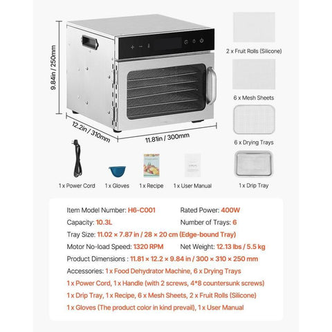 Food Dehydrator Machine, 6 Stainless Steel Trays, 400W Electric Food Dryer with Adjustable Temperature & 24-Hour Timer, Freeze Dryer for Jerky, Meat, Fruit, Vegetables, Herbs, Dog Treats
