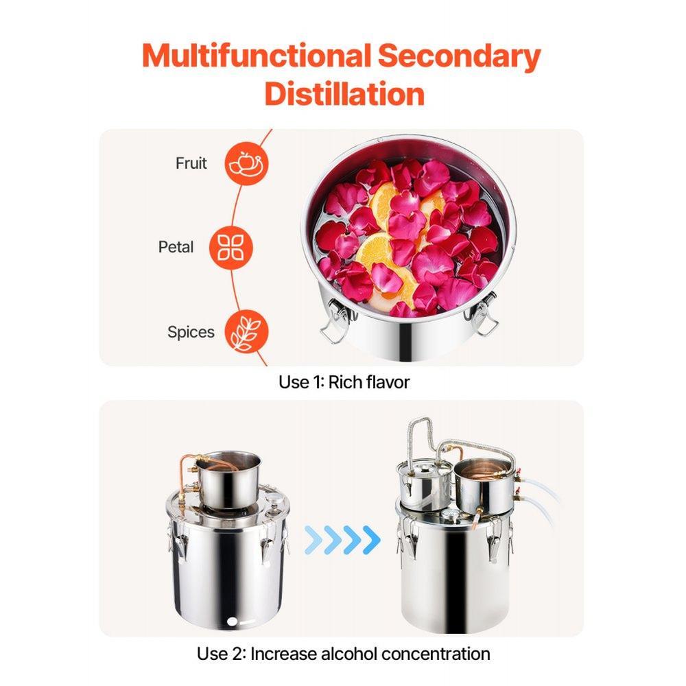 Alcohol Still, 8 Gal / 30 L Stainless Steel Water Alcohol Distiller with Copper Coil for Fast Cooling, Dual Condenser Distiller Kit with Secondary Distillation, for Wine Whisky Brandy, Silver
