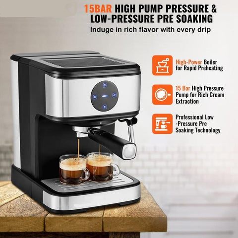 Espresso Machine, 15 Bar Coffee and Espresso Maker with Milk Frother Steam Wand, Professional Semi-Automatic Cappuccino Latte Machine with Touch Screen & Removable Water Tank, NTC Control System