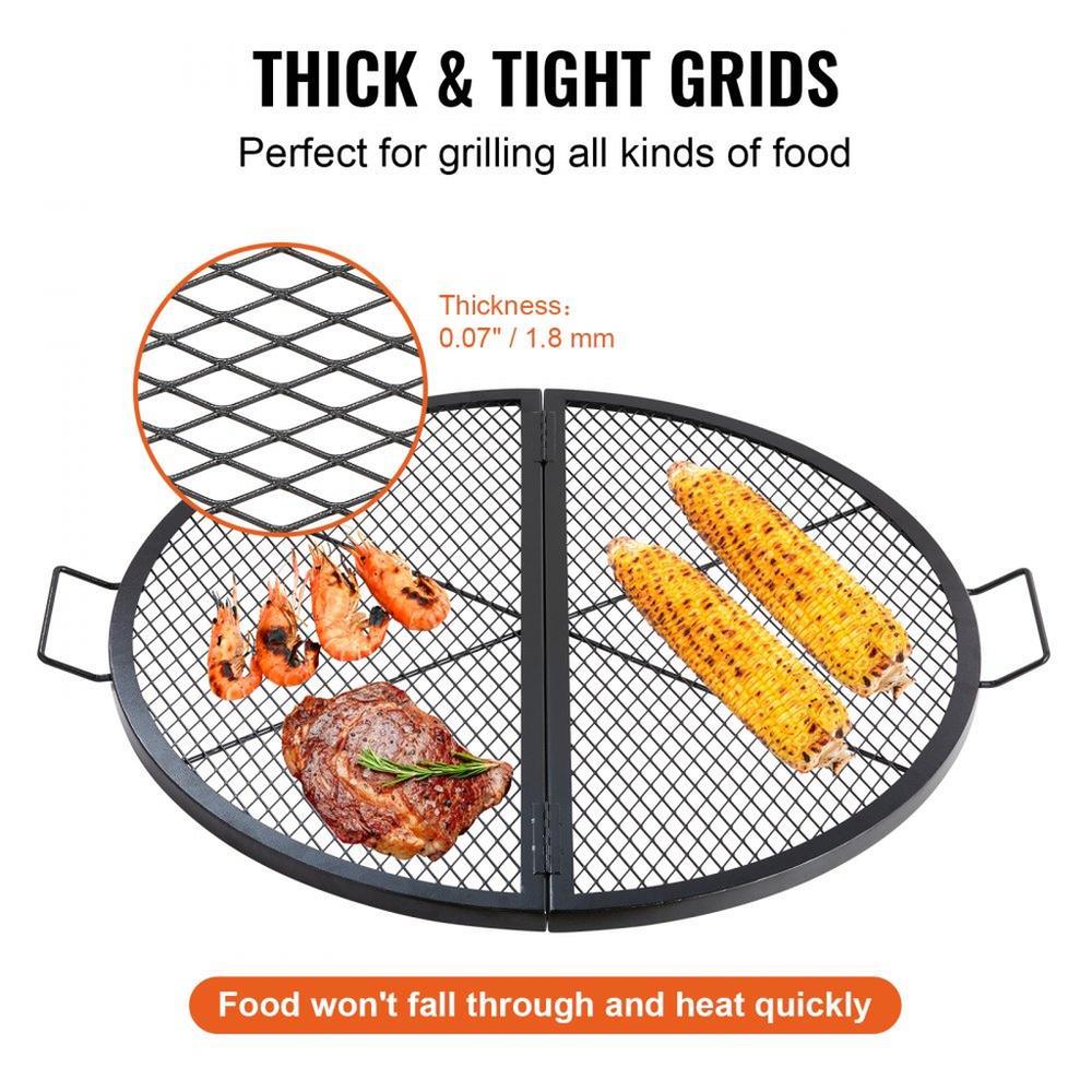 X-Marks Fire Pit Grill Grate, Foldable Round Cooking Grate, Heavy Duty Steel Campfire BBQ Grill Grid with Handle and Support X Wire, Portable Camping Cookware for Outside Party, 36 Inch Black