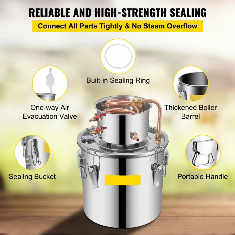 Moonshine Still 9.6Gal 38L Stainless Steel Water Alcohol Distiller Copper Tube Home Brewing Kit Build-in Thermometer for DIY Whisky Wine Brandy, Sliver