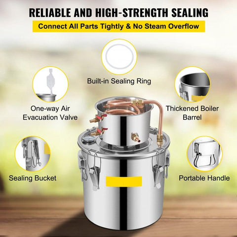Moonshine Still 9.6Gal 38L Stainless Steel Water Alcohol Distiller Copper Tube Home Brewing Kit Build-in Thermometer for DIY Whisky Wine Brandy, Sliver