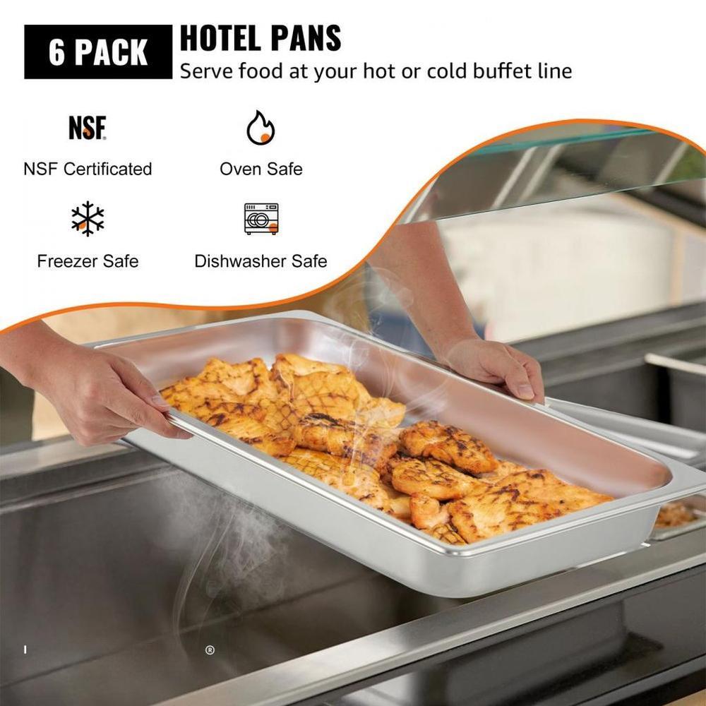 6 Pack Steam Table Pans 20.9 x 12.8 x 2.6 Inch Deep Steam Table Pan Full Size 8.5L Deep Food Container Stainless Steel Oven Tray Hotel Pans Anti-Jam Steam Table Food Pan