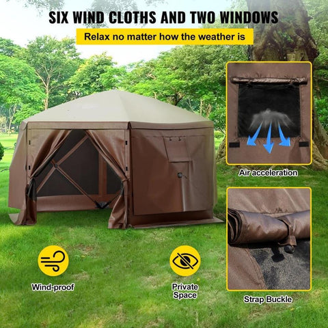 Gazebo Screen Tent, 12 x 12 ft, 6 Sided Pop-up Camping Canopy Shelter Tent with Mesh Windows, Portable Carry Bag, Ground Stakes, Large Shade Tents for Outdoor Camping, Lawn and Backyard