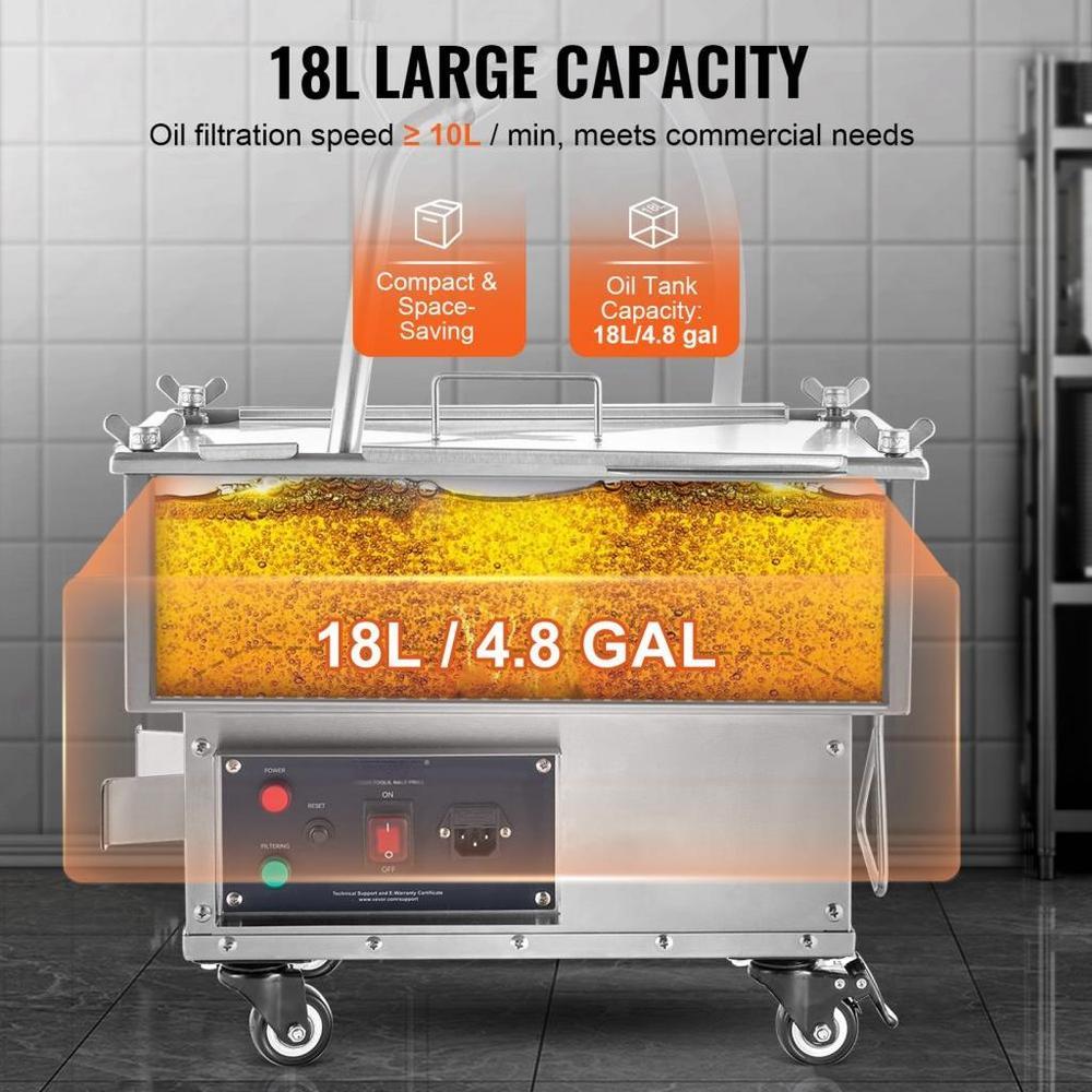 Mobile Fryer Filter, 18L Oil Tank Capacity, Oil Filtration System with 10 L/min Oil Filtration Speed, Mobile Frying Oil Filtering System with Swivel Wheels, Oil Hose for Restaurant Burger Stores