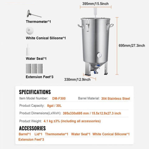 304 Stainless Steel Kettle, 8 GALLON Beer Brew Fermentor, Brew Bucket Fermentor for Brewing, Home Brewing Supplies with Base, Kettle Stock Pot Includes Lid, Handle, Valve, Spigot, Thermometer