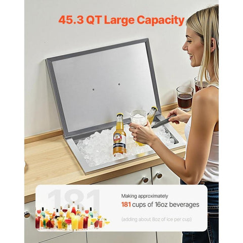 Drop in Ice Chest, 22"L x 17"W x 12"H Stainless Steel Drop in Cooler, 45.3 Quart Commercial Ice Bin with Pot Lid for Outdoor Kitchen Patio Bar, Drain-pipe Set Included, for Cold Wine Beer
