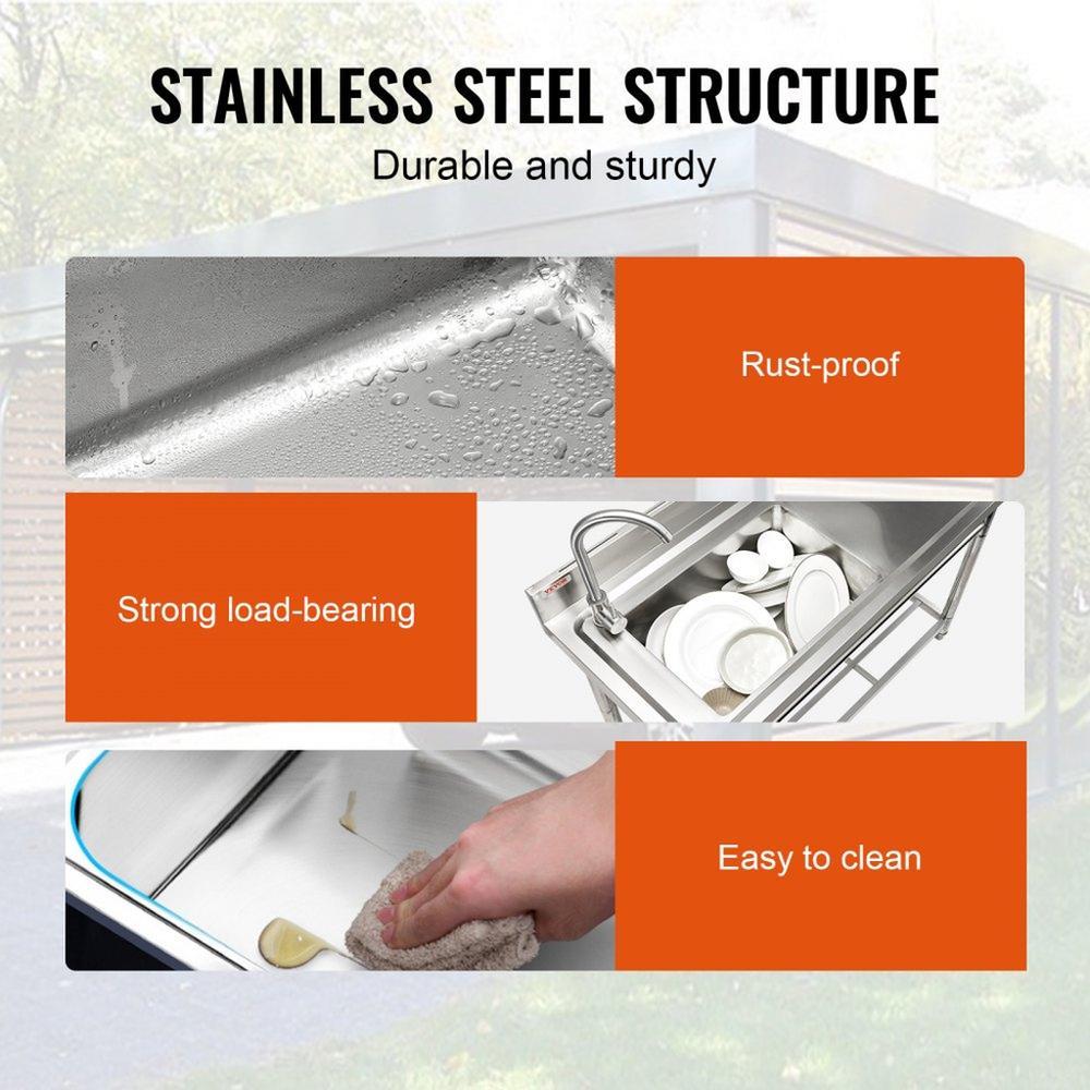 Stainless Steel Utility Sink, Free Standing Single Bowl Commercial Kitchen Sink Set w/Workbench, 47 x 19.7 x 37.4 in Commercial Single Bowl Sinks for Garage, Restaurant, Laundry