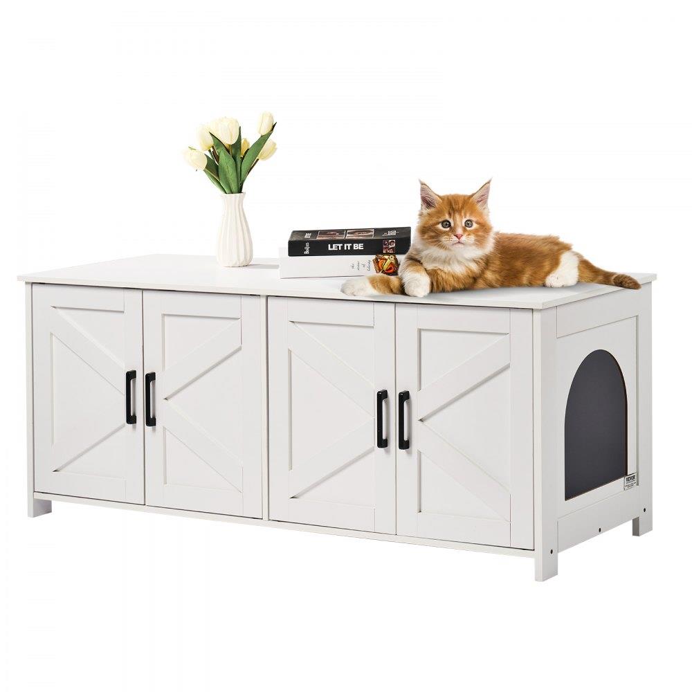 Cat Litter Box Enclosure Wooden Furniture Hidden Litter Box with 2 Rooms White