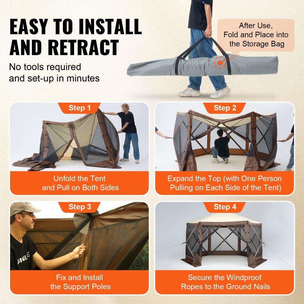 Pop Up Gazebo Tent, Pop-Up Screen Tent 6 Sided Canopy Sun Shelter with 6 Removable Privacy Wind Cloths & Mesh Windows, 12.5x12.5FT Quick Set Screen Tent with Mosquito Netting, Brown
