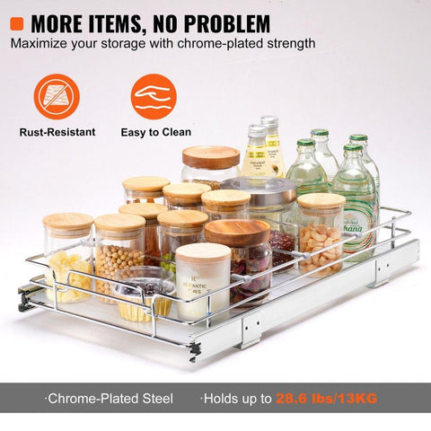 12.5"Wx21"Dx3.5"H Pull Out Cabinet Organizer, Heavy Duty Slide Out Pantry Shelves, Chrome-Plated Steel Roll Out Drawers, Sliding Drawer Storage for Home, Inside Kitchen Cabinet, Bathroom, Under Sink,14"Wx22"Dx7"H Install Size for Cabinet