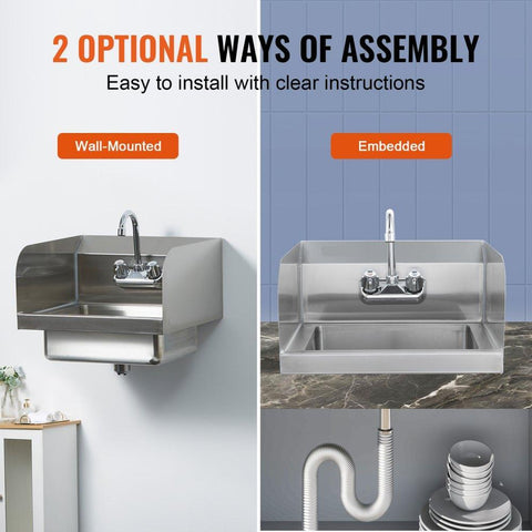 Commercial Hand Sink with Faucet and Side Splash, Stainless Steel Sink for Washing, Small Hand Washing Sink, Wall Mount Hand Basin for Restaurant, Kitchen, Bar, Garage and Home, 17x12.8 inch