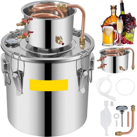 Moonshine Still 9.6Gal 38L Stainless Steel Water Alcohol Distiller Copper Tube Home Brewing Kit Build-in Thermometer for DIY Whisky Wine Brandy, Sliver