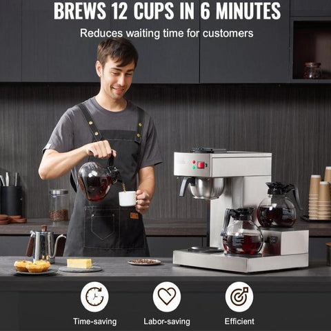 12 Cups Commercial Drip Coffee Maker, Coffee Maker Machine with 3 Glass Carafes and 3 Warmer Plates, Stainless Steel Pour Over Coffee Brewer with Auto Water Intake, for Restaurant Office Cafe