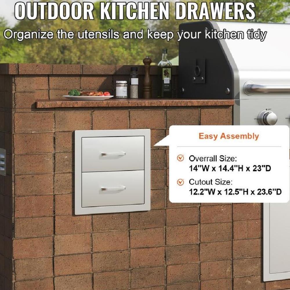 Outdoor Kitchen Drawers 14W x 14.4H x 23D Inch, Flush Mount Double BBQ Drawers Stainless Steel with Handle, BBQ Island Drawers for Outdoor Kitchens or Grill Station