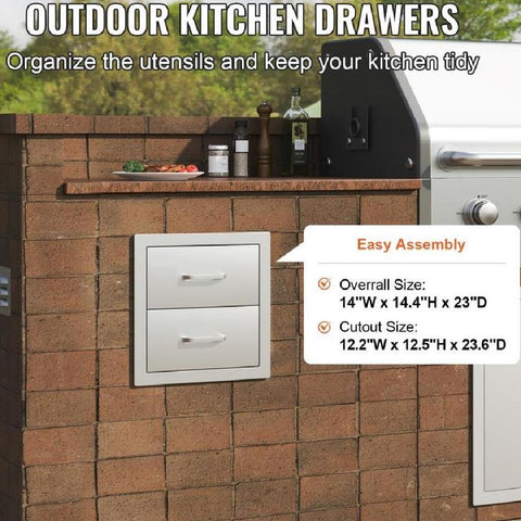Outdoor Kitchen Drawers 14W x 14.4H x 23D Inch, Flush Mount Double BBQ Drawers Stainless Steel with Handle, BBQ Island Drawers for Outdoor Kitchens or Grill Station