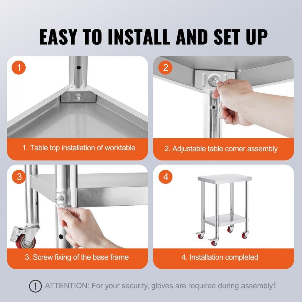 24x18x34 Inch Stainless Steel Work Table 3-Stage Adjustable Shelf with 4 Wheels Heavy Duty Commercial Food Prep Worktable with Brake for Kitchen Prep Work