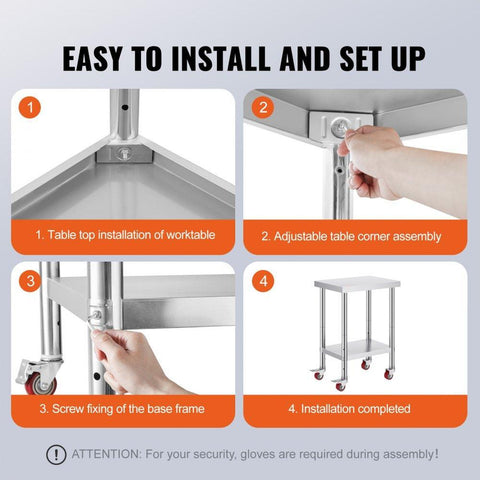24x18x34 Inch Stainless Steel Work Table 3-Stage Adjustable Shelf with 4 Wheels Heavy Duty Commercial Food Prep Worktable with Brake for Kitchen Prep Work