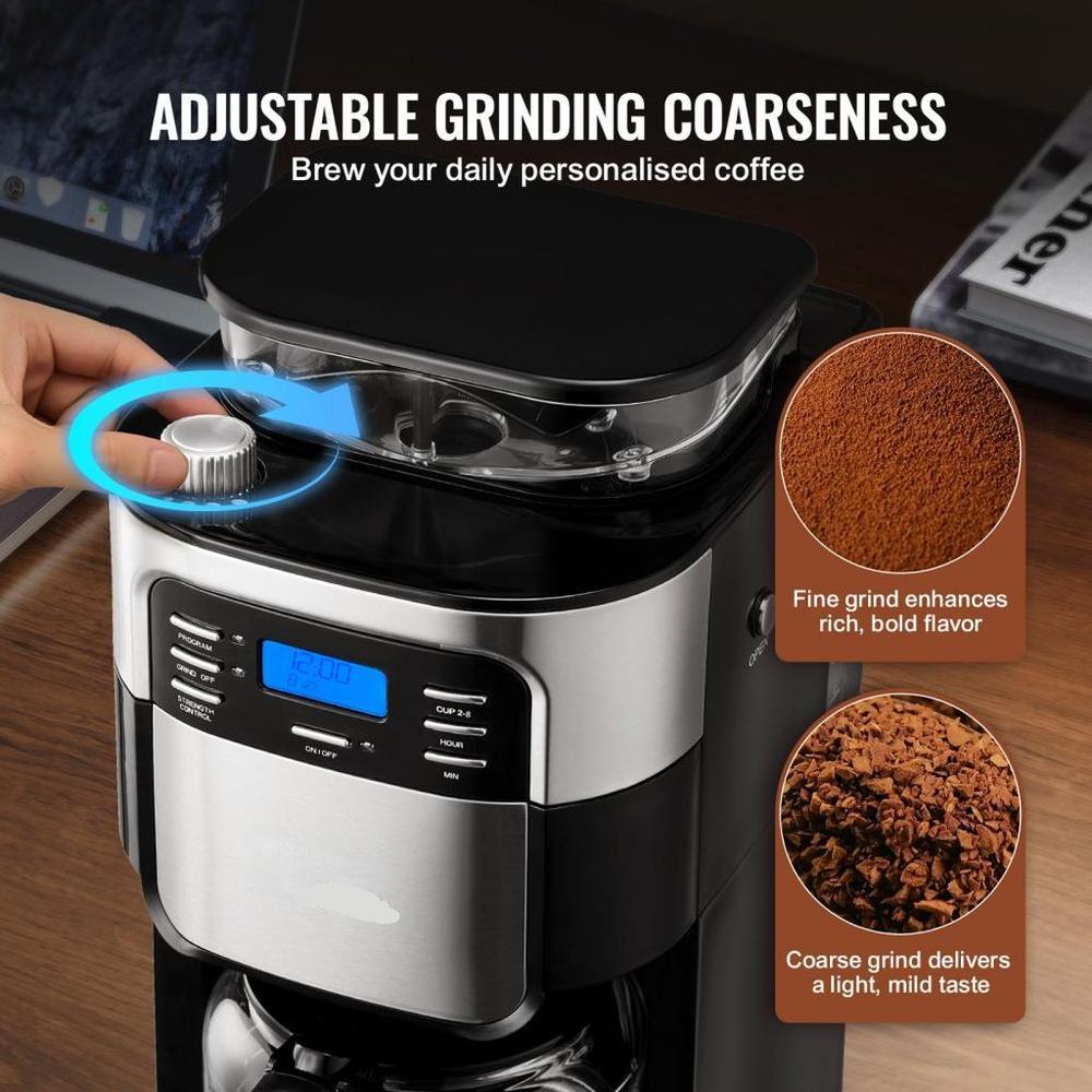 Coffee Maker with Grinder, 8 Cup Coffee Machine, Grind and Brew Coffee Maker with 3 Brew Strength Control, 24-Hour Timer for Auto Brew, for Home Office Restaurant