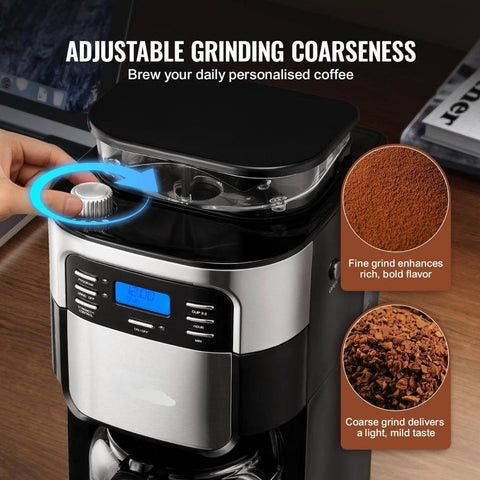 Coffee Maker with Grinder, 8 Cup Coffee Machine, Grind and Brew Coffee Maker with 3 Brew Strength Control, 24-Hour Timer for Auto Brew, for Home Office Restaurant