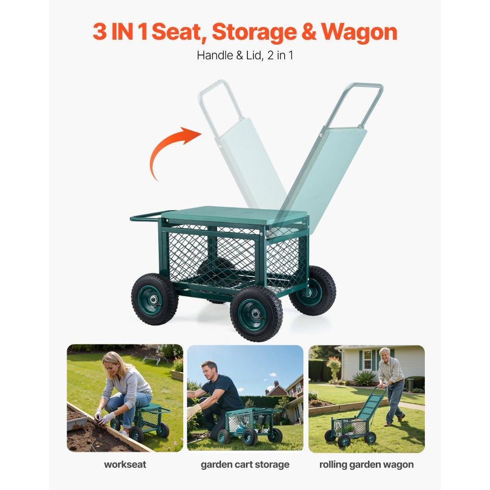 Rolling Garden Seat with Wheels 400LB Heavy Duty Metal Garden Cart with Storage