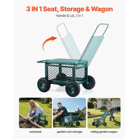 Rolling Garden Seat with Wheels 400LB Heavy Duty Metal Garden Cart with Storage
