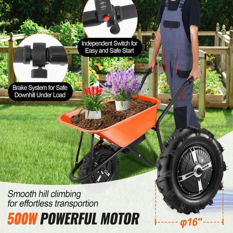 Electric Wheelbarrow Cart, 500W Powered Utility Garden Wagon Dump Cart, 4 Cu. Ft. Load & 330 lbs Capacity with Metal Handle & 16" Track Wheels, One Wheel Barrow Yard Cart & Wagons for Lawn Farm