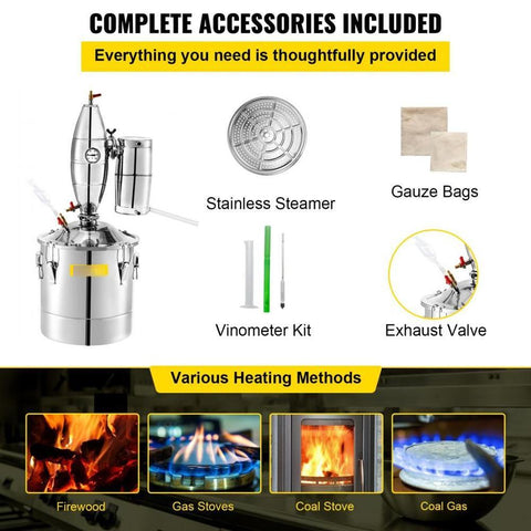 50L 13.2Gal Water Alcohol Distiller 304 Stainless Steel Alcohol Still Wine Making Boiler Home Kit with Thermometer for Whiskey Brandy Essential, Sliver