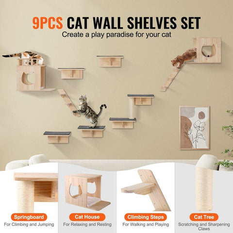 Wall Mounted Cat Shelves Tree with Jumping Boards Nests Hammock Set of 9