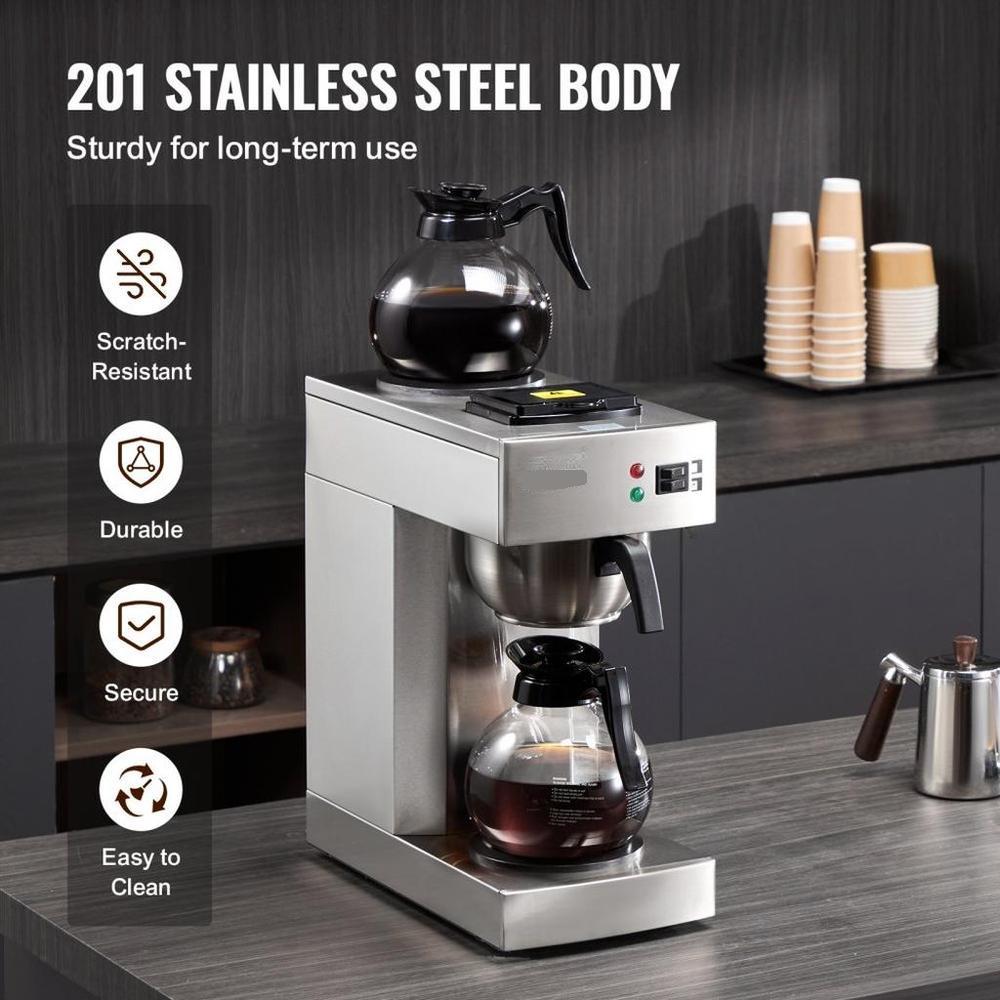 12 Cups Commercial Drip Coffee Maker, Coffee Maker Machine with 2 Glass Carafes and 2 Warmer Plates, Stainless Steel Pour Over Coffee Brewer for Restaurant, Office, Cafe